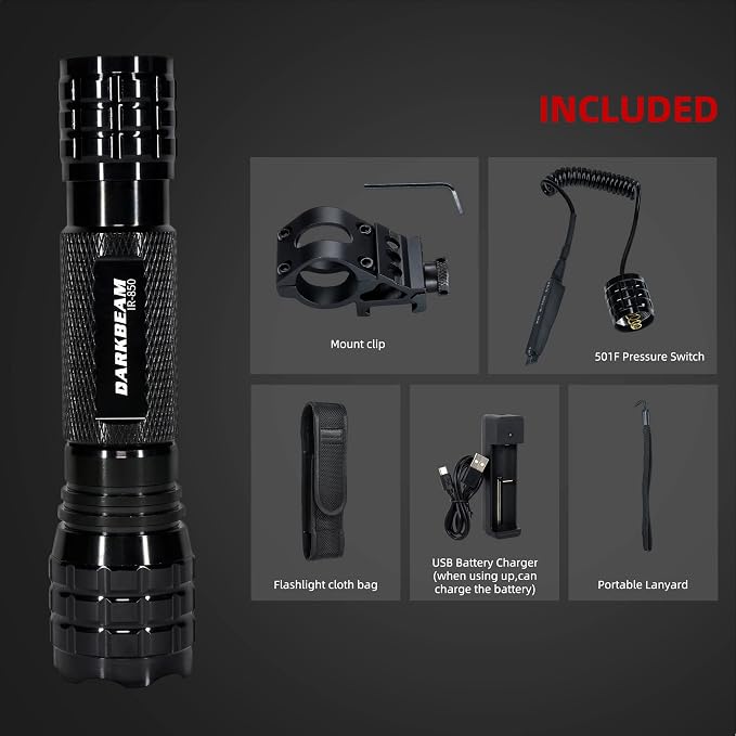 DARKBEAM ir Flashlight Infrared 850nm Lights LED Mini for Night Vision, Rechargeable Portable Tactical ir Illuminator Torch, Focus Adjustable for Hunting, Observation, Search, with Clip