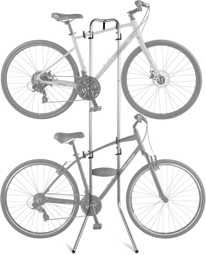 Retrospec Double Decker Vertical Garage Bike Rack - Free Standing Floor Storage Stand for 2 Bikes, 80lb Capacity, No Drilling Required - Adjustable Arms & Rubber Bumpers