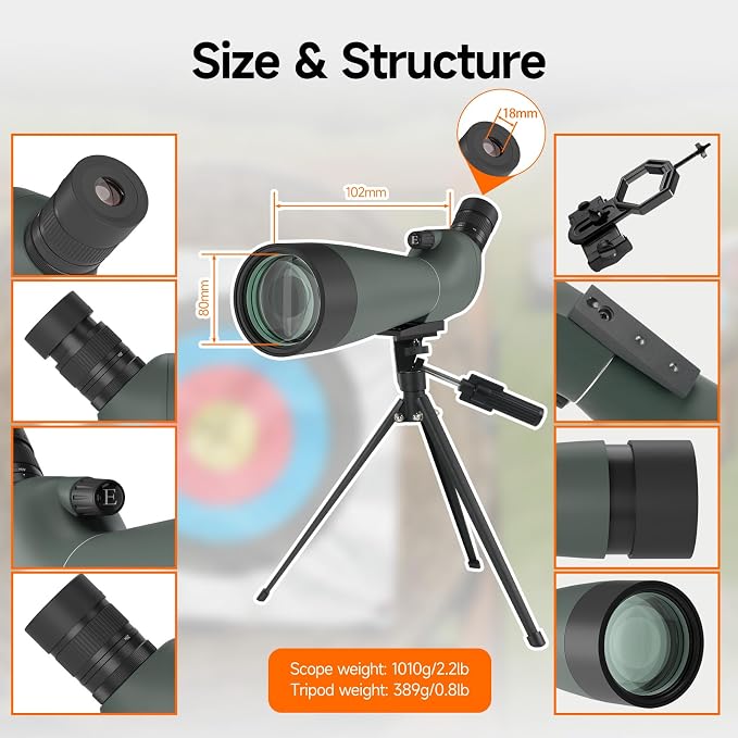 SVBONY SV28 20-60x80 New Version Spotting Scope for Target Shooting, Long Range Spotter Scope with Phone Adapter and Tripod, HD Scope for Bird Watching, Wildlife Observation