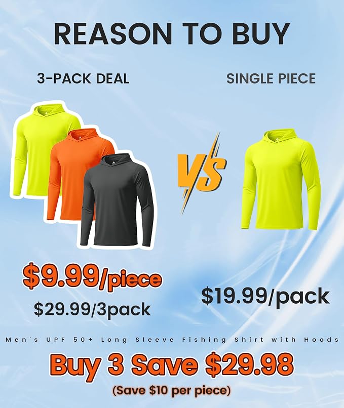 ZITY 3 Pack Men's UPF 50+ Sun Protection Hoodie Shirt Long Sleeve Shirt Fishing Shirts for Men Lightweight Rash Guard