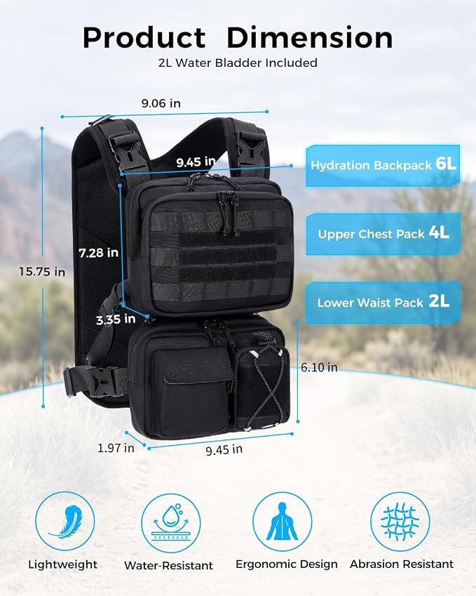 Blue Quartz 3-in-1 Running Vest with 2L Water Bladder, Lightweight Tactical Hydration Backpack with Detachable Waist Pack, Reflective Chest Pack for Hiking Running Cycling Race for Women Men
