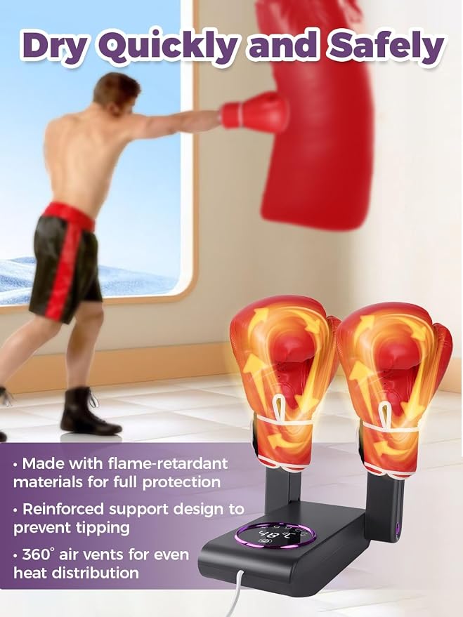 Boxing Glove Dryer with Smart Display& Storage Bag, Portable Glove Dryer& Moisture Remover, Constant Temperature Punching Gloves Dryer with Adjustable Heat& Timer for Home Gym(Black)