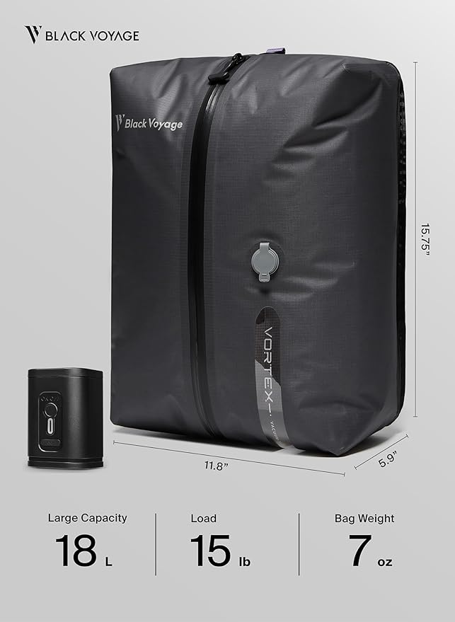 Black Voyage Reusable Vacuum Compression Travel Bag for Carry-On Suitcase and Backpack, Recycled IPX8 Waterproof Space Saver Vacpack (1-Pack, 18L - Pump Included)