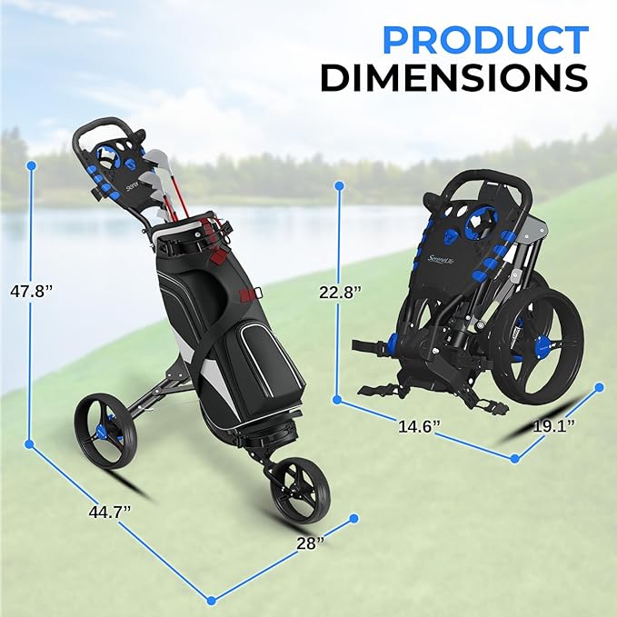 SereneLife Golf Push Cart 3 Wheel, Ultra Lightweight Aluminum Foldable Cart with Adjustable Handle, Quick-Fold, New-Version Scorecard, Phone/Cup/Umbrella Holders, Cooler Storage | Comfortable to push all day — adjustable handle fits any height