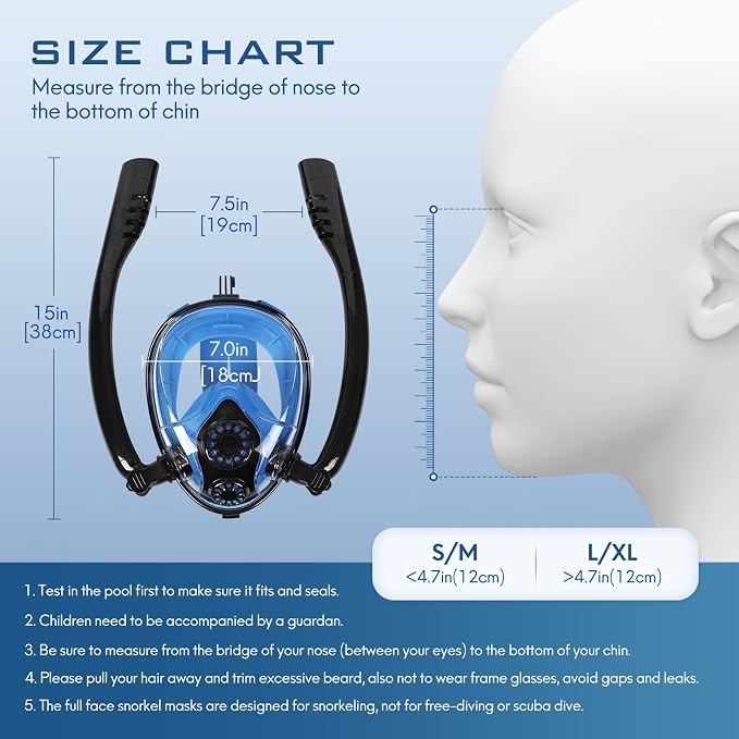 Adult Full Face Snorkel Mask, Waterproof Dual Breathing Tubes, Patented Design, Breathing Through The Nose, Professional Snorkeling Gear for Vacation, Mountable Action Camera