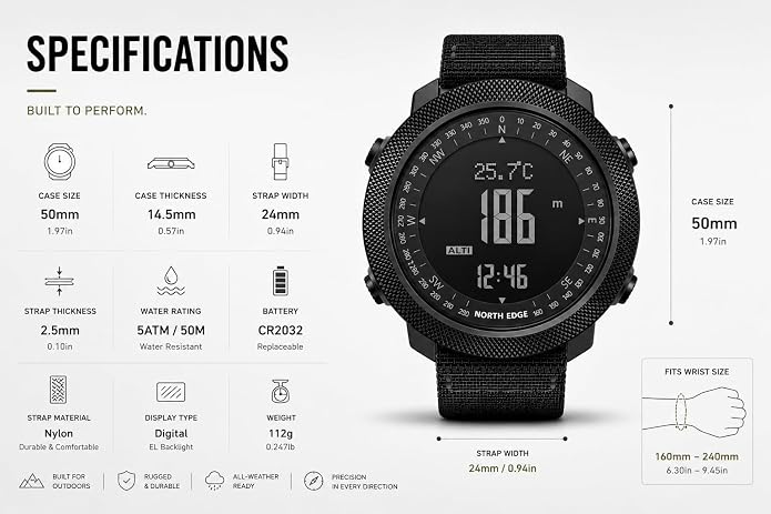 NORTH EDGE Apache Men’s Digital Tactical Watch, Outdoor Sports Watch with Compass, Altimeter, Barometer, Pedometer, Weather Trend, EL Backlight, 50M Water Resistant Hiking Watch