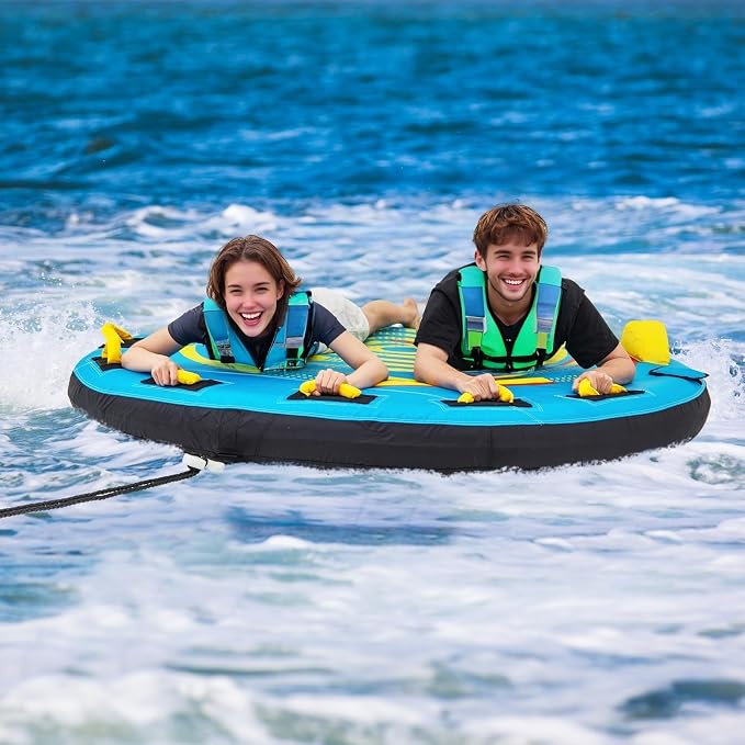 GYMAX Towable Tube for Boating, 2/3 Riders Inflatable Boat Tube for Water Sports to Pull with Padded Grip, Dual Tow Points, Full 900D Nylon Cover & Drainage System for River, Lake, Sea