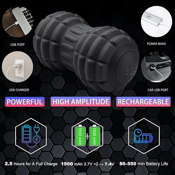 Vibrating Peanut Massage Ball for Plantar Fasciitis, 4-Speed Portable Massage Roller for Foot, Neck, Back, and Body - Deep Tissue Myofascial Release Mobility Ball Muscle Relaxer (Black)