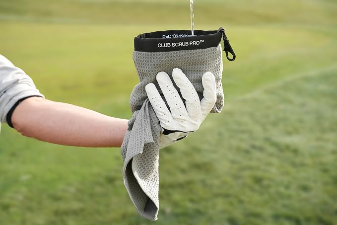 Club Scrub Towel Pro, Golf Club and Ball Cleaning Pouch with Attached Towel, Waterproof Exterior, Clean Face Technology Liner, Machine Washable, Cleans Club Grooves, Waffle-Weave Microfiber (Gray)