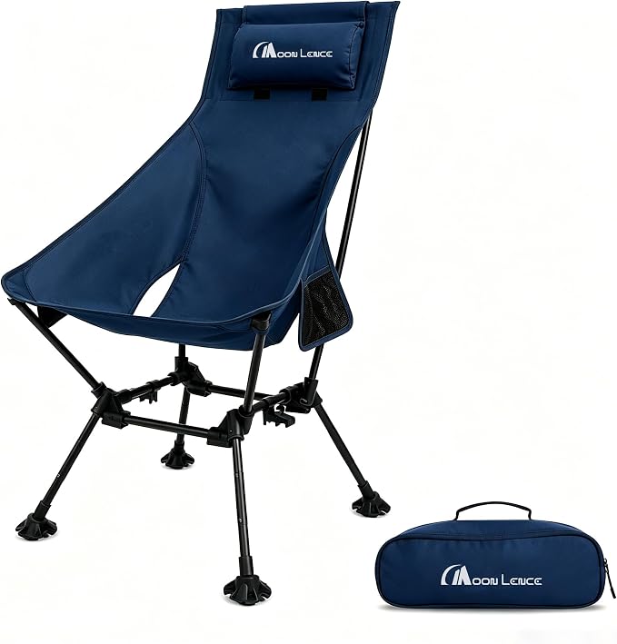 MOON LENCE High Back Folding Camping Chairs, Height-Adjustable, Widened Seat, for Beach with Anti-Sinking Feet (Blue)