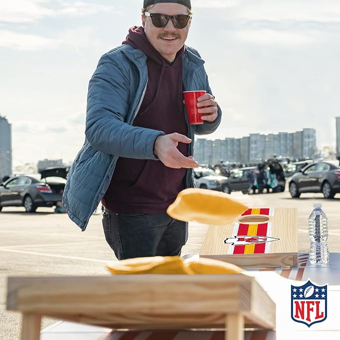 NFL Football Portable Size 1' x 2' Solid Wood Cornhole Set with Direct Print HD Team Graphics – Travel Size