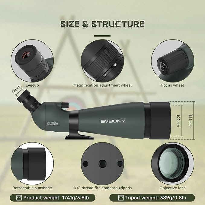 SVBONY SV28 100mm Angled Spotting Scope for Target Shooting, 25-75x Spotter Scope with Tripod for Long Range Viewing, FMC HD Optics with Soft Carrying Case & Phone Adapter, Scopes for Birdwatching