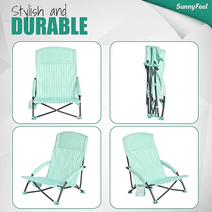 SUNNYFEEL Low Folding Beach Chair for Adults, Portable Lightweight Sling Beach Camping Chairs with Cup Holder, Armrest,Foldable Camp Lawn Chair for Outdoor Sand Concert Travel Sport Events,300LBS
