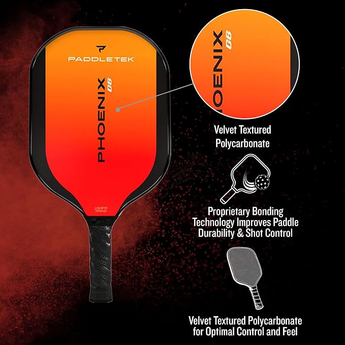 Paddletek Phoenix G6 Pickleball Paddle | Professional Pickleball Paddles with Honeycomb Core, Polycarbonate Surface, Graphite PolyCore & High Tack Performance Grip | USAPA Approved