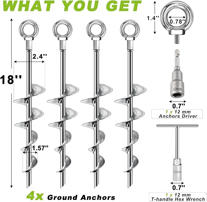 Fabulas Ground Anchors Screw in, 18 Inch Ground Anchors Heavy Duty Metal Earth Auger Anchors Trampoline Stakes Kit High Wind for Swing Set Shed Rv Canopy Gazebo Mobile Home Tree Playground Dog, 4 Pack
