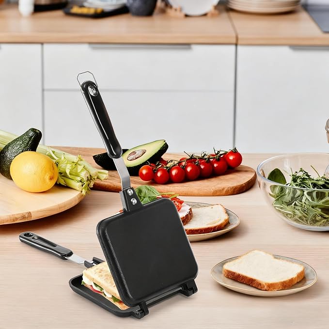 Cididu Hot Sandwich Maker, Grilled Sandwich Toaster for Bread Pancake | Double Sided Non-Stick Frying Pan, Stovetop Toasted Sandwich Grill Press Flip Pan for Camping Kitchen (Inside 5.4"L x 4.7"W)