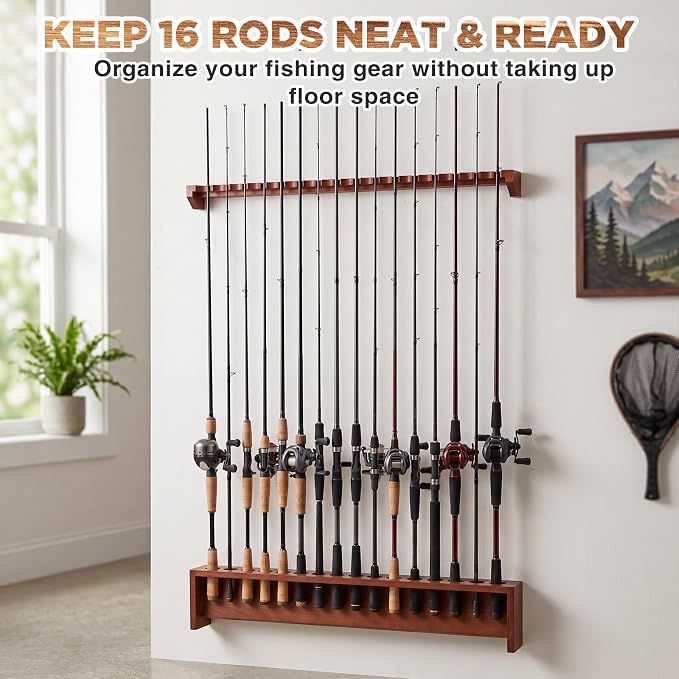 Sintuff 1 Pair 16-position Fishing Rod Rack, Wall Mount Pole Holder, Solid Red Oak Wood Rack, Walnut Finish, Space-saving Fishing Pole Storage, 16 Rod Max Capacity, for Garage, Home