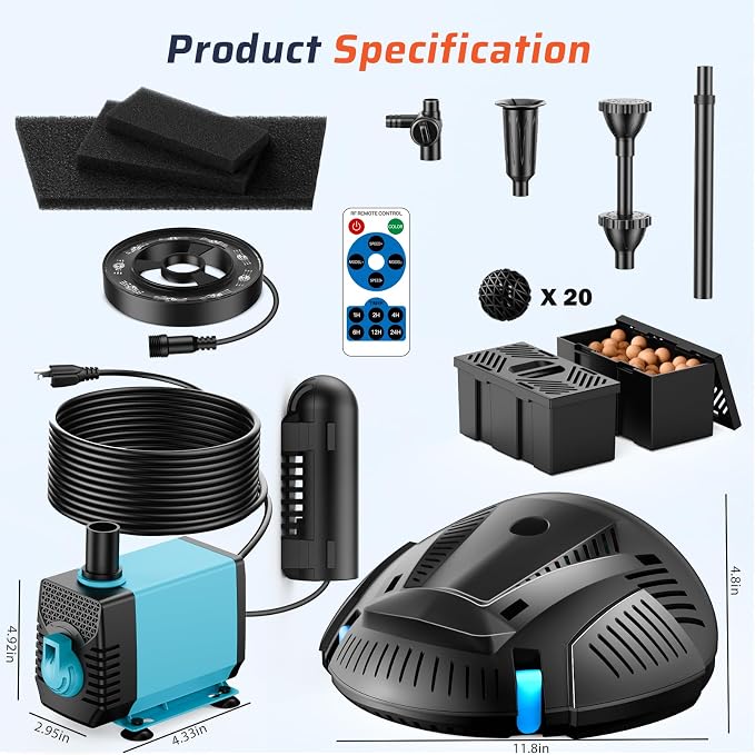 Antfraer Pond Filter with U-V Clarifier, 660GPH Pond Pump and Filter Kit & RGB LED Lights, All-in-One Submersible Pond Fountain for Outdoor Ponds, Koi Ponds, Water Gardens with Remote Control