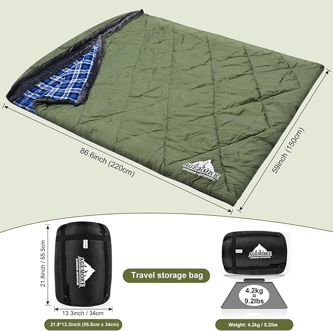 Cotton Flannel Double Sleeping Bag with Fleece Lined Hood, Waterproof Queen Size 2 Person Sleeping Bag for Adults Cold Weather Camping Backpacking or Hiking, 3-4season