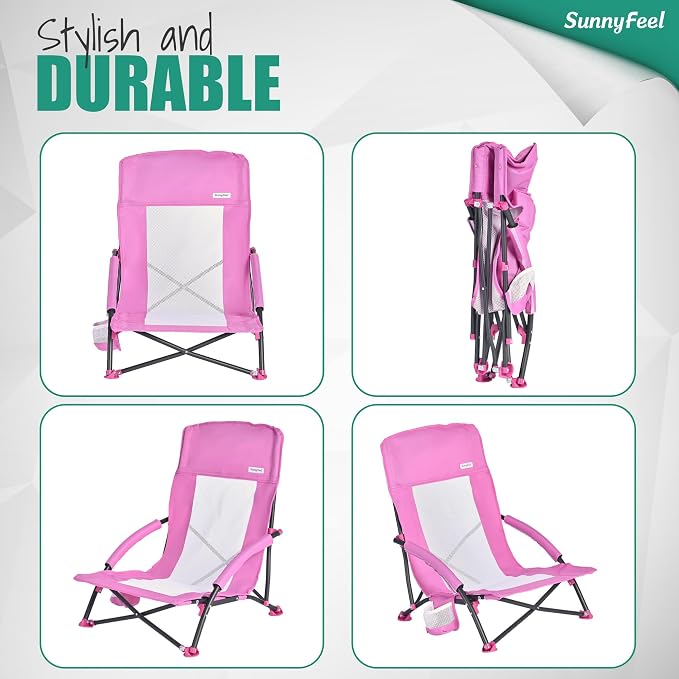 SUNNYFEEL Folding Low Beach Chair 2 Pack - Lightweight Portable Lawn Chair with Mesh Back, Cup Holder for Outdoor/Travel/Picnic/Concert, Foldable Camp Backpack Chair with Carry Bag