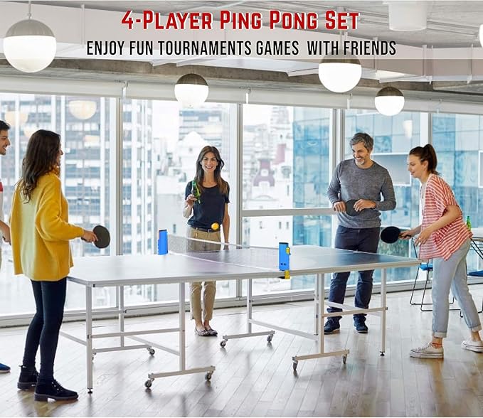 N1fit Ping Pong Paddle Set - 4 Professional Rackets, Retractable Net, 6 Pig Pong Balls, Carry Case - Indoor and Outdoor Table Tennis Play