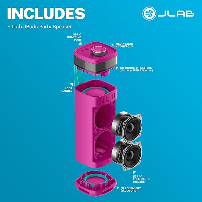 JLab, JBuds Party, Portable Bluetooth Speaker, Waterproof, RGB Lighting, Multi-Speaker Connection, Pink