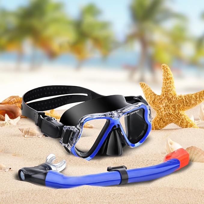 Snorkeling Gear for Kids, 4 in 1 Child Mask Fins Snorkel Set with Panoramic View Anti Fog Mask, Dry Top Snorkel, Trek Fins and Travel Bag, Kids Snorkeling Set with Fins for Snorkeling Swimming
