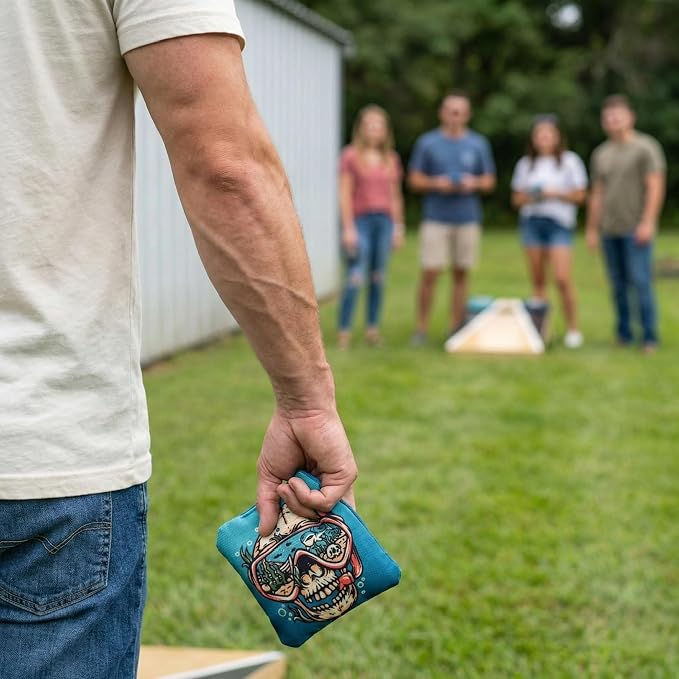 Professional Cornhole Bags Set of 8 - Dual Sided Stick & Slide (Suede/Woven) - Premium Resin Filled Regulation Weight & Size (6x6, 16oz) - Double Stitched Reinforced Seams with Carry Tote