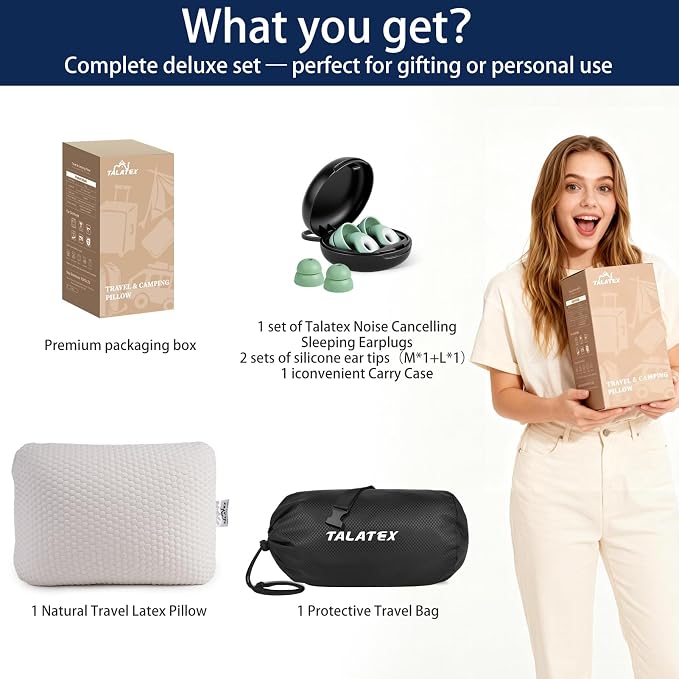 Talatex 100% Natural Premium Talalay Latex Travel Pillow, Camping Pillow, Small Camping Pillow with Compressible Stuff Sack, No Memory Foam Chemicals with Washable Cover (Soft Latex, 1)