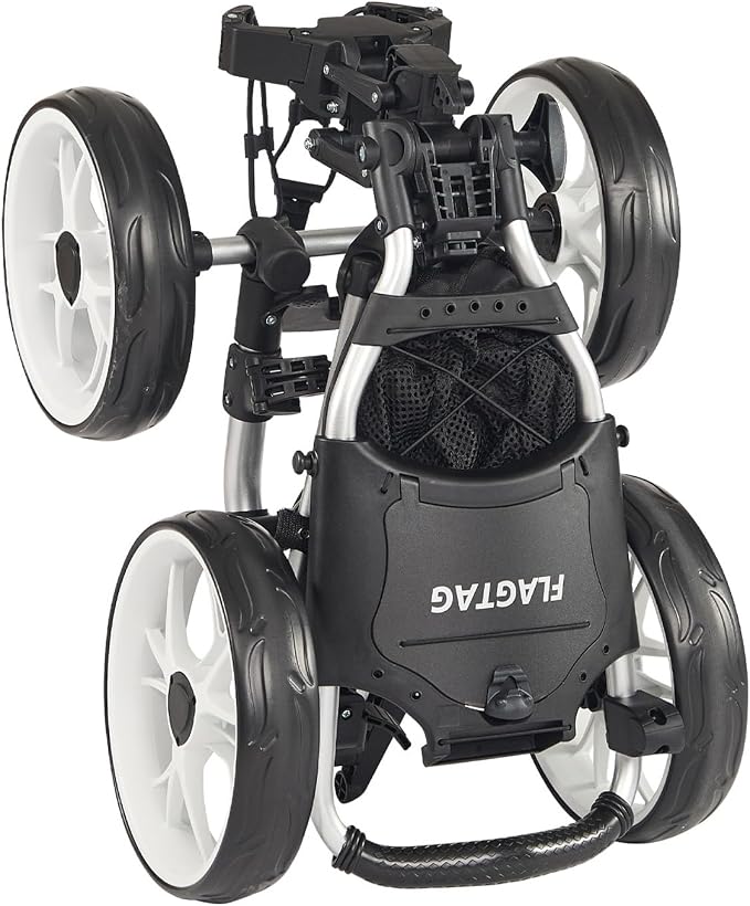 FLAGTAG Golf Push Cart 4-Wheels,Folding Golf Cart, Golf Pull cart with Cup Holder,Umbrella Holder,Cooler Bag, Foldable with one-Click,Handle Height Adjustable,Drink Holder,Walking Push cart