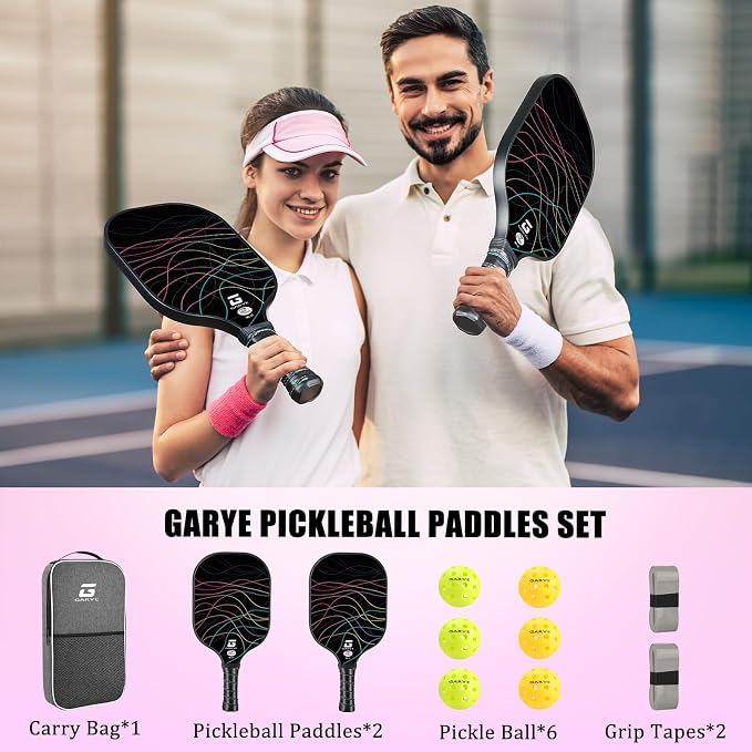 GARYE Pickleball Paddles Set of 2 or 4, USAPA Approved Carbon Fiber Pickleball Set, Lightweight Pickle Ball Rackets 2 Pack with 6 Balls, 1 Bag, Pair of Grip Tapes, Pickle Ball Paddle for Men and Women