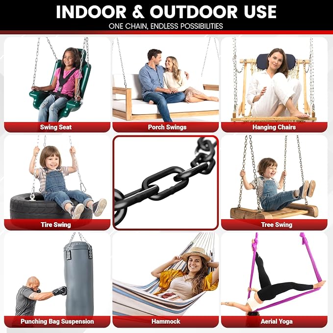 sprookber 1000LB Heavy Duty Hanging Swing Chain, 6mm Thick 304 Stainless Steel Hanging Chain with 4 Carabiners, 25" Hardware Kit for Hammock, Hanging Chair, Punching Bags, Tree, Indoor & Outdoor