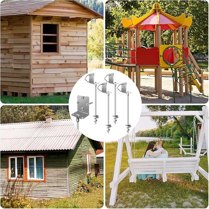 Ground Anchors Shed Anchors 27" Set of 4 Trampoline Stakes Screw in Heavy Duty Mobile Home - Storage Shed Anchor Kit - Playset Swing Anchors - Stakes for Fence,Carport,Garden (Silver, 4 x 27in)
