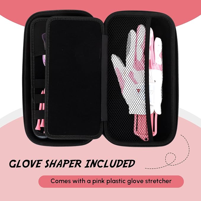 Golf Glove Holder Case with Glove Shaper, Pink Protective Hard Shell Accessory Case, Golf Gift for Woman, for Tees, Ball Markers, Phone, Divot Tool and Accessories
