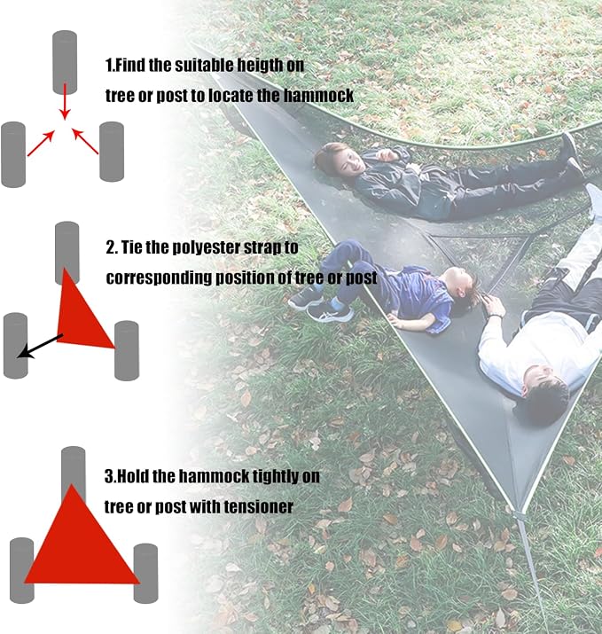 Triangle Hammock 13Ft Multi Person 3 Point Tree Hammock,Max 600LBs Extra Large Sky Camping Hammock for up to 2-4 Adults/Kids with 3 Ratchets/Straps/Net Pockets/Carabiners and Storage Bags,Green