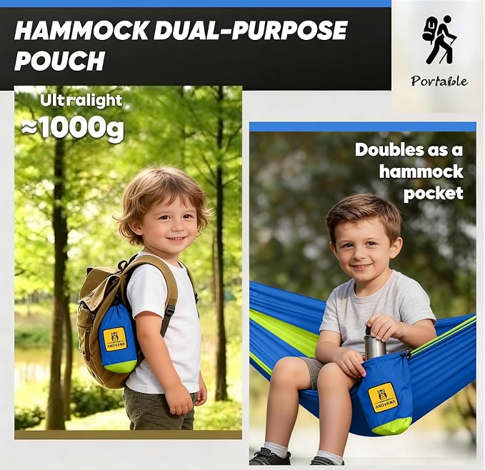 Kids Camping Hammock with Mosquito Net, 450 lbs Portable Hammock with Tree Straps, 2-in-1 Double/Single Travel Hammocks for Children, Hammock for Outside/Indoor/Backpacking/Beach - Lake Blue & Green