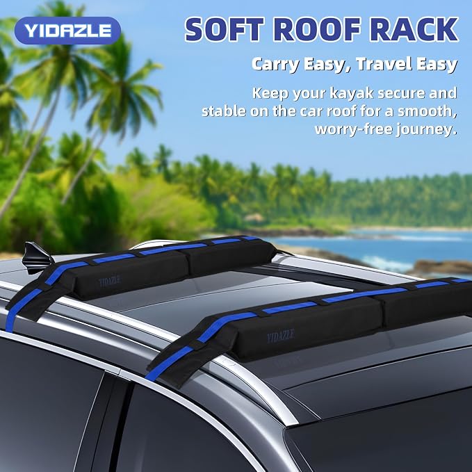Universal Soft Roof Racks for Kayak, Car Roof Racks System for Surfboard Paddle Board, Heavy-Duty Surf Car Rack with 8 Tie-Down Straps 15FT, 2 Tie-Down Ropes, 2 Quick Loop Straps, Widely Compatible
