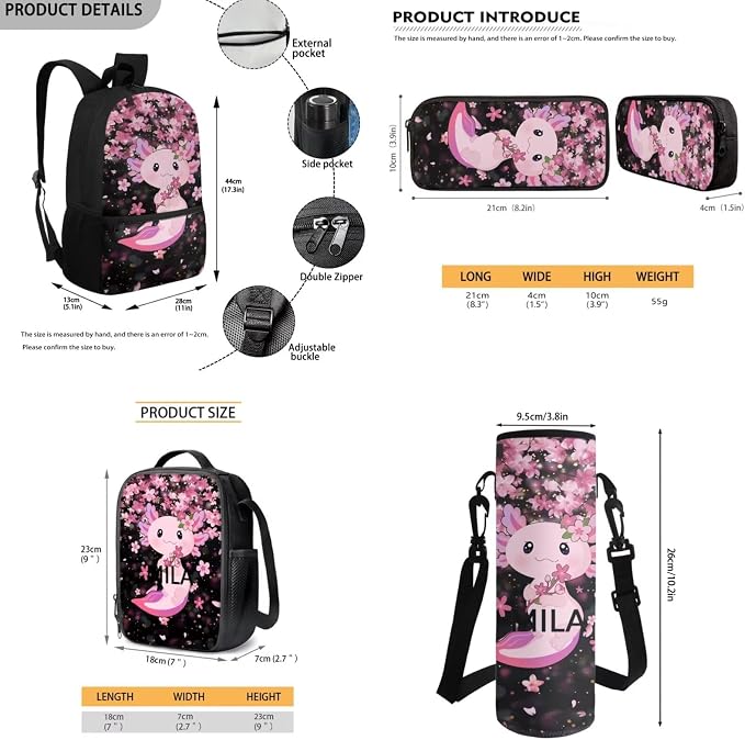 Axolotl Backpack for Girls School Bag with Lunch Bag Pencil Case Water Bottle Holder Large Capacity Boys School Bookbag Lightweight Daypack for Travel Picnic Rucksack Knapsack Set 4 in 1