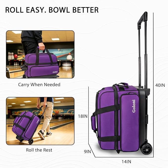 Goloni Double Roller 2 Ball Bowling Bag with Separate Shoe Compartment,2 Ball Bowling Bag with Wheels,Retractable Handle Extends to 40"