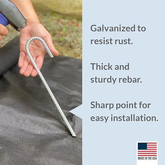 Pinnacle Mercantile 100 Pack Anti Rust Rebar Stakes J Hook Heavy Duty Galvanized Steel Ground Anchors 12 inch Long 3/8 inch Round Chisel Point End Made USA