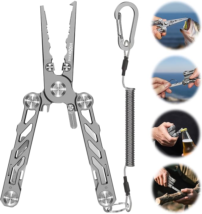 HOOK-EZE Folding Fishing Pliers, 5-in-1 Saltwater Resistant Multitool with Tungsten Line Cutters, Hook Remover, Knife, Screwdriver, Bottle Opener, Sheath & Lanyard for Outdoor, Camping & Fishing