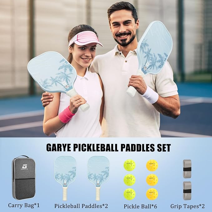 GARYE Pickleball Paddles Set of 2 or 4, USAPA Approved Carbon Fiber Pickleball Set, Lightweight Pickle Ball Rackets 2 Pack with 6 Balls, 1 Bag, Pair of Grip Tapes, Pickle Ball Paddle for Men and Women