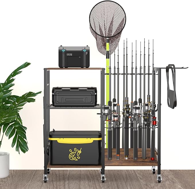 Fishing Rod Holders, Fishing Pole Holders, Fishing Gear Tackle Cart, Fishing Equipment Organizers for Garage, Fits Most Rods of 1.57" (40mm) Diameter, hold up to 12 Rods or Combos