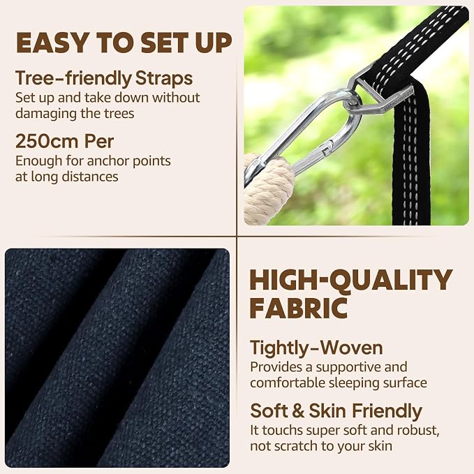 Chihee Cotton Hammock Holds Up to 660lbs Fabric Hammock 8.9x4.9ft Soft Portable Tree Hammocks Camping with Detachable Spreader Bar Pillow 2 Strong Webbings 2 Carabiners Indoor Outdoor Backyard Garden