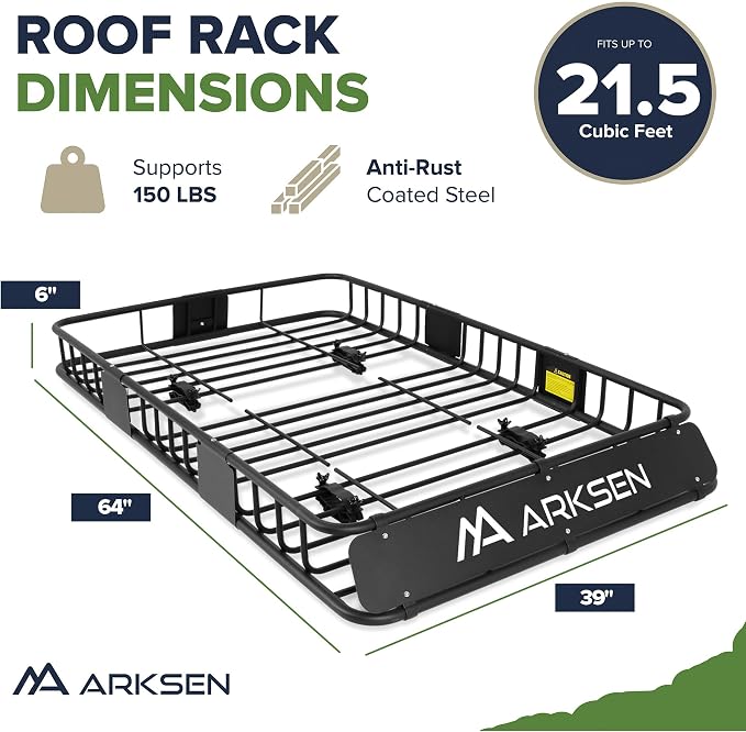 ARKSEN 64" x 39" x 6" Roof Rack Basket with Extension & Cargo Net, 150 lb Heavy-Duty Steel Cargo Carrier, Fits Crossbars up to 1.38" Thick, for SUV & Pickup Truck