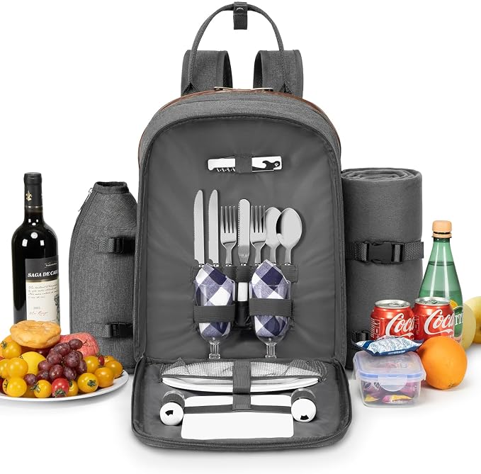 ALLCAMP Picnic Backpack, 2-Person Set with Blanket and Wine Holder, Gray | Insulated compartment, padded straps, Oxford fabric, couple gifts, family, camping, beach, climbing, parks, hands-free