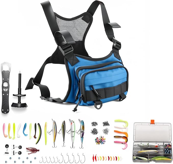 All in One Fishing Chest Pack Tackle Bag with Tackle Box, Fishing Lures Kit | Hook Remover Tool, Fish Lip Gripper, Fishing Plier Friendly for Beginners & Professional Anglers Gifts for Men (Blue)