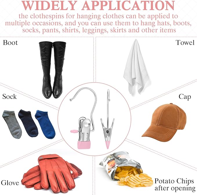 150 Pcs Boot Hangers Clips Laundry Hooks Hanging Stainless Steel Clothes Pins Portable Clip Hangers for Closet Travel Socks Pants Handbags Hats Towels (Pink)