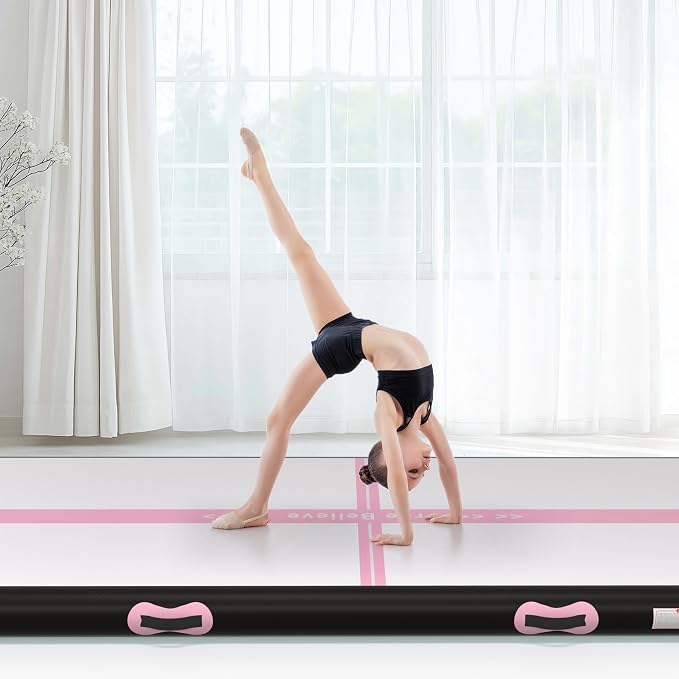 Pink Gymnastics Mat Inflatable Tumble Track Mats 10/13/16/20ft Training Mats for Home Air Mat for Kids with Pump 4”/6” Thick for Cheerleading/Yoga/Exercise/Parkour/Beach/Park/Water