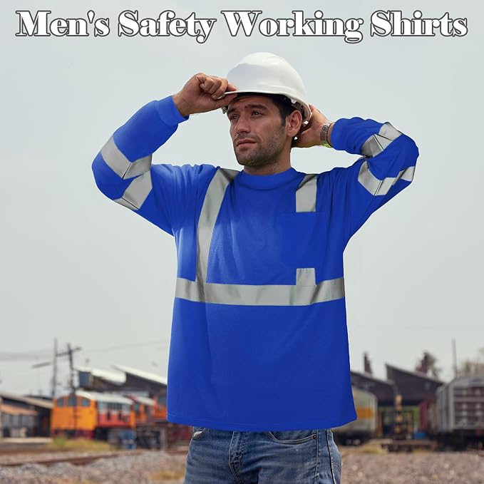 Amylove 4 Pcs Long Sleeve Safety Shirt High Visibility Reflective Construction Work Shirts for Men Women(L,Blue)